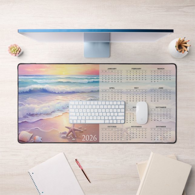Pastel Shoreline 2026 Calendar with Seashells  Desk Mat (Office 1)
