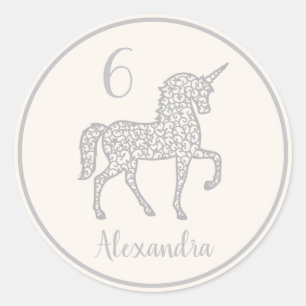 Pastel Silver Unicorn birthday party Own name Classic Round Sticker
