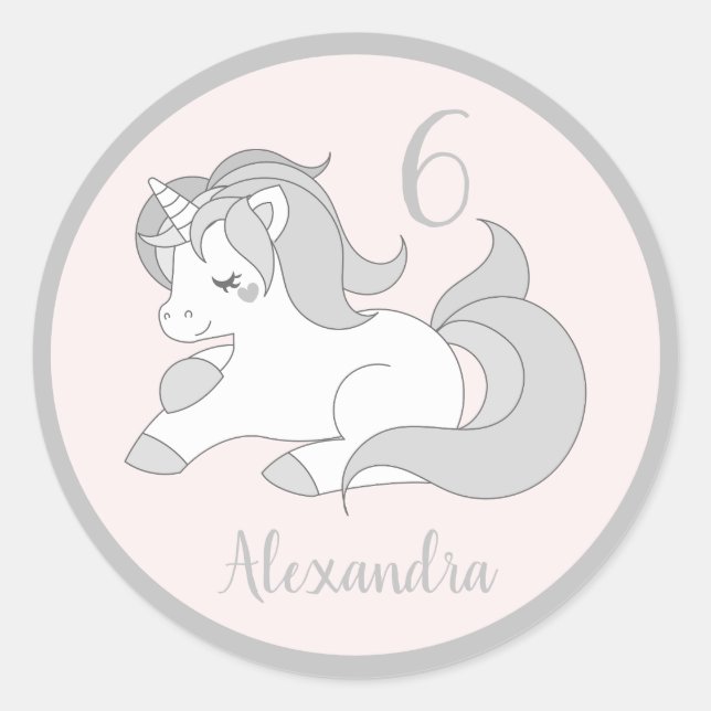 Pastel Silver Unicorn birthday party Own name Classic Round Sticker (Front)