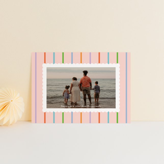 Pastel Simple Stripes and Scallops Landscape Photo Holiday Card (new year card pink with bright colored vertical stripes and family photo in a white scalloped frame)