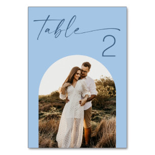 Pastel Sky Blue Arch Photo Wedding. Modern Coastal Table Number