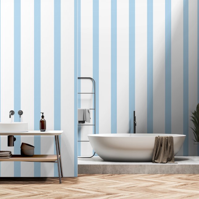 Pastel Sky Blue on White Stripes Wallpaper (Bathroom)