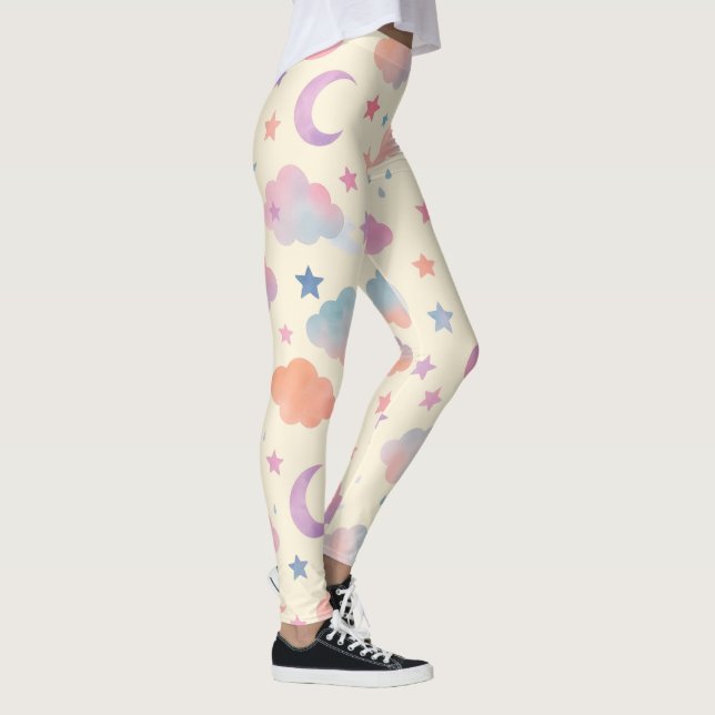 Pastel Sky Dreams – Moon, Stars & Clouds Pattern Leggings (Right)