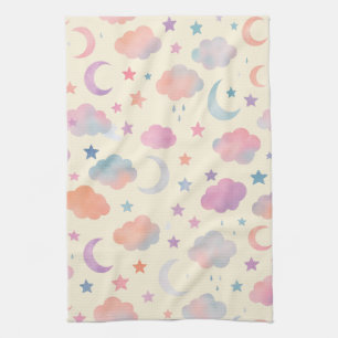 Pastel Sky Dreams – Moon, Stars & Clouds Pattern Tea Towel