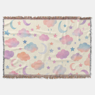 Pastel Sky Dreams – Moon, Stars & Clouds Pattern Throw Blanket