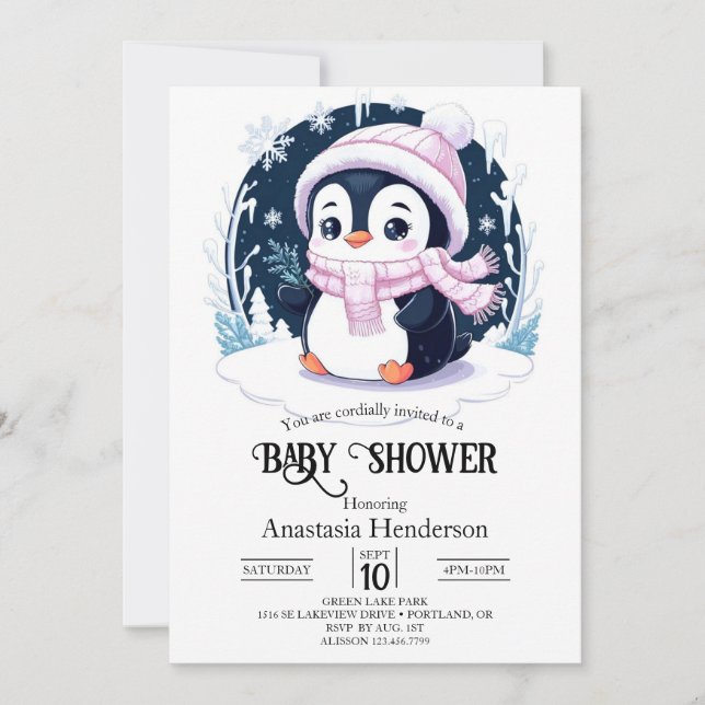 Pastel Snow Penguin Baby Shower Invitation (Front)