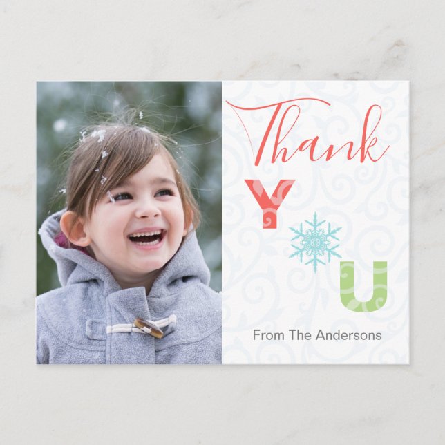 Pastel Snowflake Modern Photo Holiday Thank You Postcard (Front)
