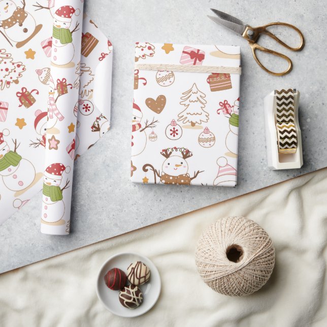 Pastel Snowman Hearts Drawn Christmas Wrapping Paper (Crafts)