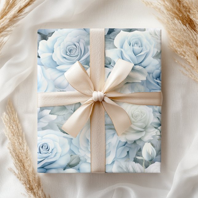 Pastel Soft Blue Roses Bridal Wedding Wrapping Paper (Creator Uploaded)