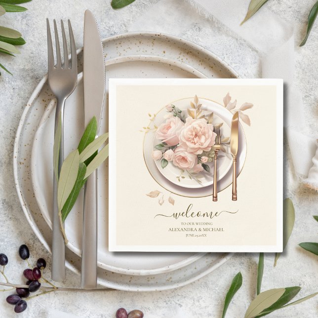 Pastel Soft Blush Peach Floral Wedding Napkin (Creator Uploaded)