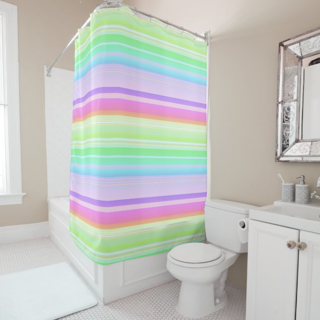 Pastel soft colour rainbow striped shower curtain (In Situ)