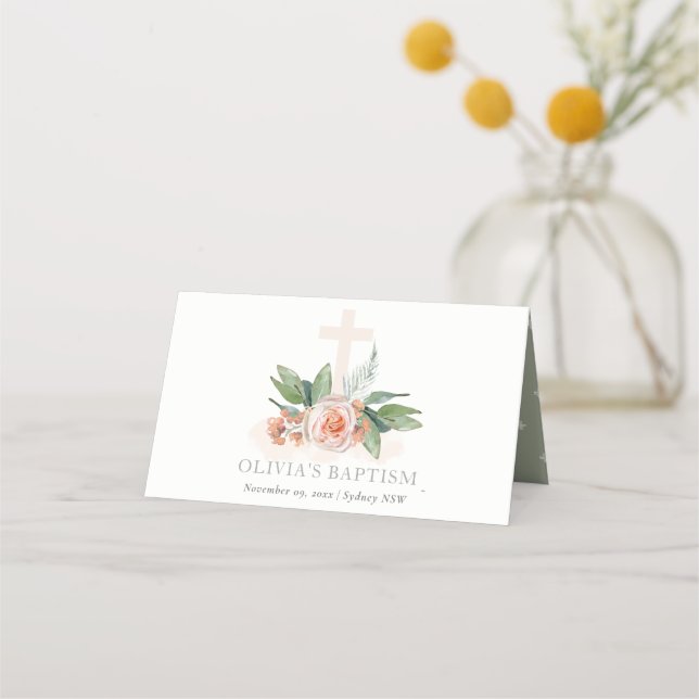 Pastel Soft Peach Rose Floral Cross Bunch Baptism Place Card (Front)