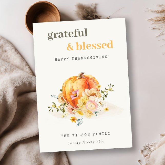 Pastel Soft Watercolor Floral Pumpkin Thanksgiving Holiday Card (Creator Uploaded)