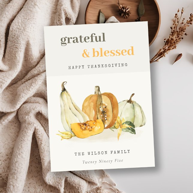Pastel Soft Watercolor Floral Pumpkin Thanksgiving Holiday Card (Creator Uploaded)