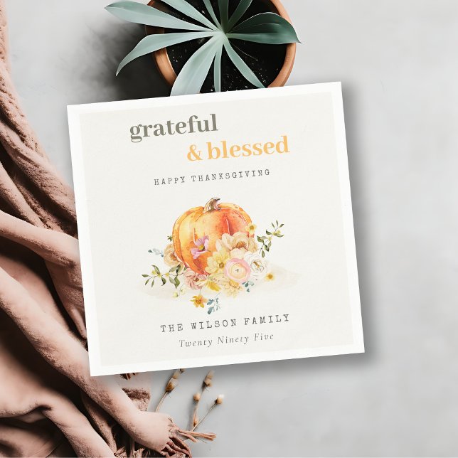 Pastel Soft Watercolor Floral Pumpkin Thanksgiving Napkin (Creator Uploaded)