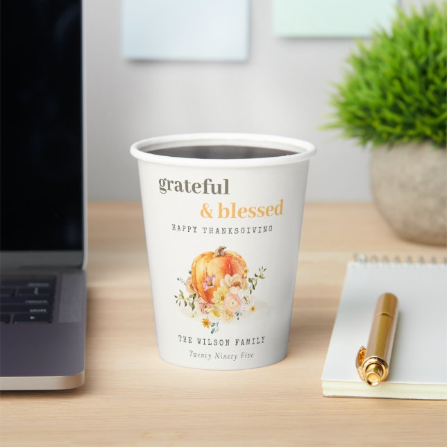 Pastel Soft Watercolor Floral Pumpkin Thanksgiving Paper Cups (Insitu)