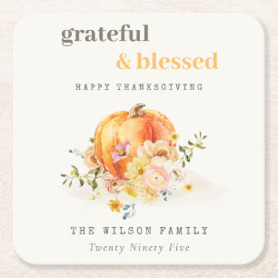 Pastel Soft Watercolor Floral Pumpkin Thanksgiving Square Paper Coaster