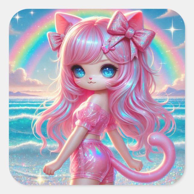 Pastel Sparkle Kitty Square Sticker (Front)