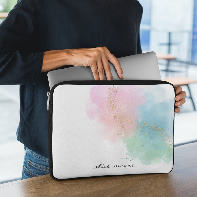 Pastel Sparkle Watercolor & Script Monogram Laptop Sleeve (Creator Uploaded)