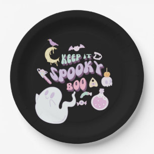 Pastel Spooky Ghost & Gang Black Halloween Paper Plate