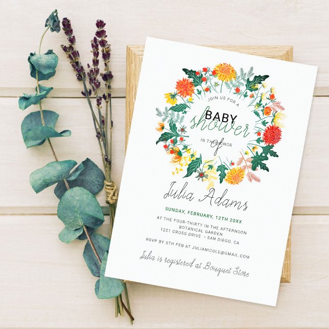 Pastel Spring Dahlia Wildflower Wreath Baby Shower Invitation (Creator Uploaded)