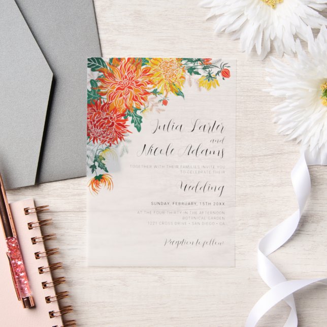 Pastel Spring Dahlia Wildflowers Wreath Wedding Vellum Invitations (Wedding)