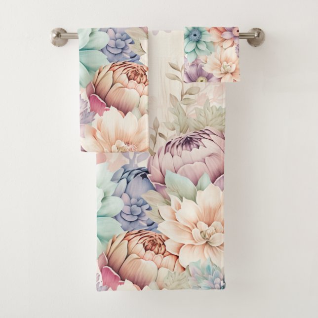 PASTEL SPRING FLORAL BATHROOM TOWEL SET (Insitu)