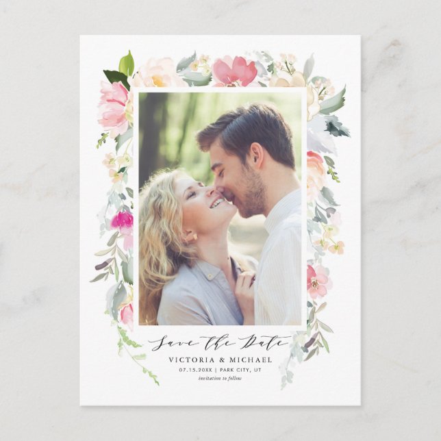 Pastel Spring Floral Frame Photo Save the Date Announcement Postcard (Front)