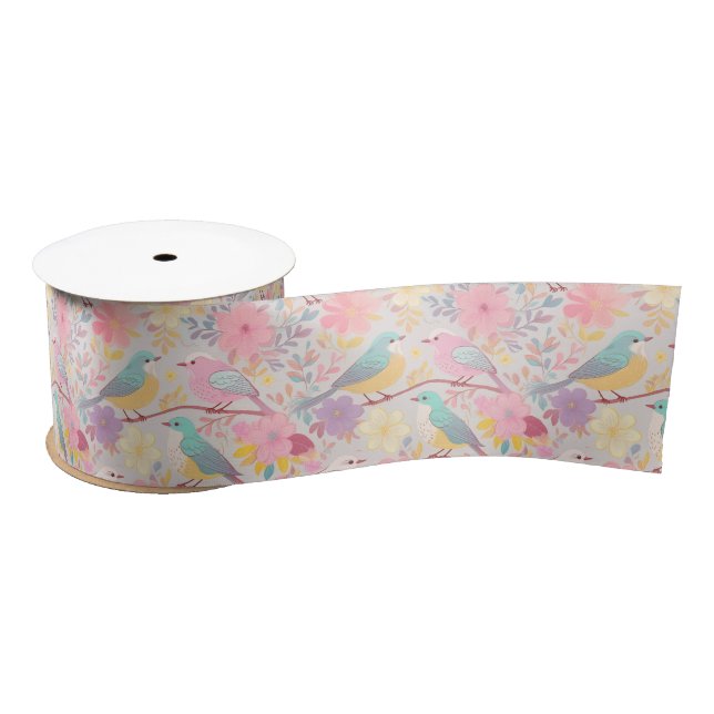 Pastel spring floral pattern 02 satin ribbon (Spool)