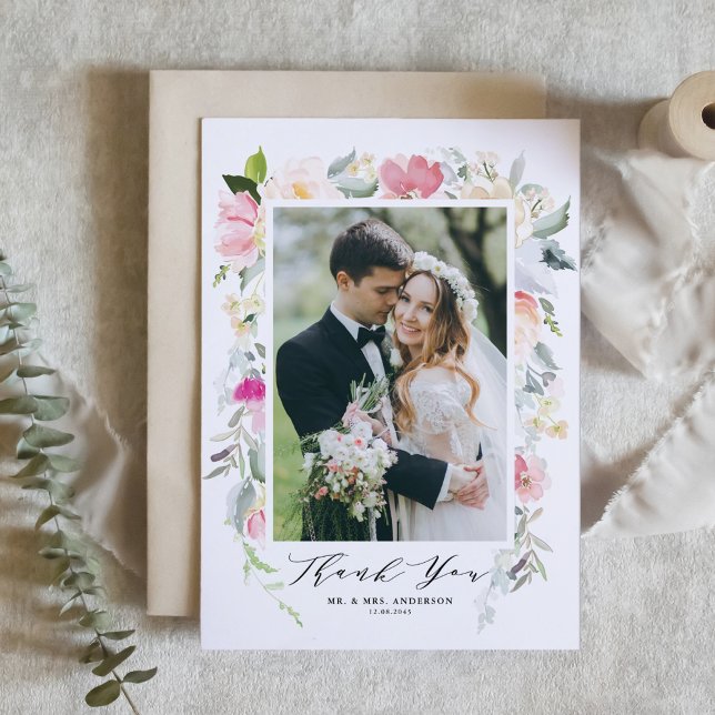Pastel Spring Flowers Frame Photo Wedding Thank You Card (Creator Uploaded)