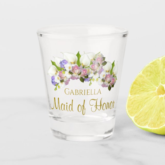 Pastel Spring Flowers Maid of Honour Wedding Favou Shot Glass (Front)
