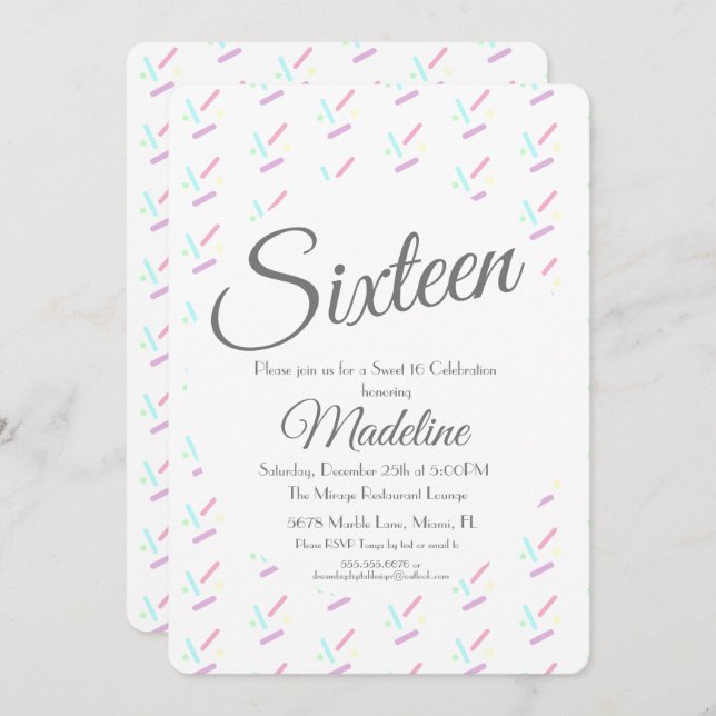 Pastel Sprinkles Ice Cream Party Sweet 16 Quince Invitation (Front/Back)