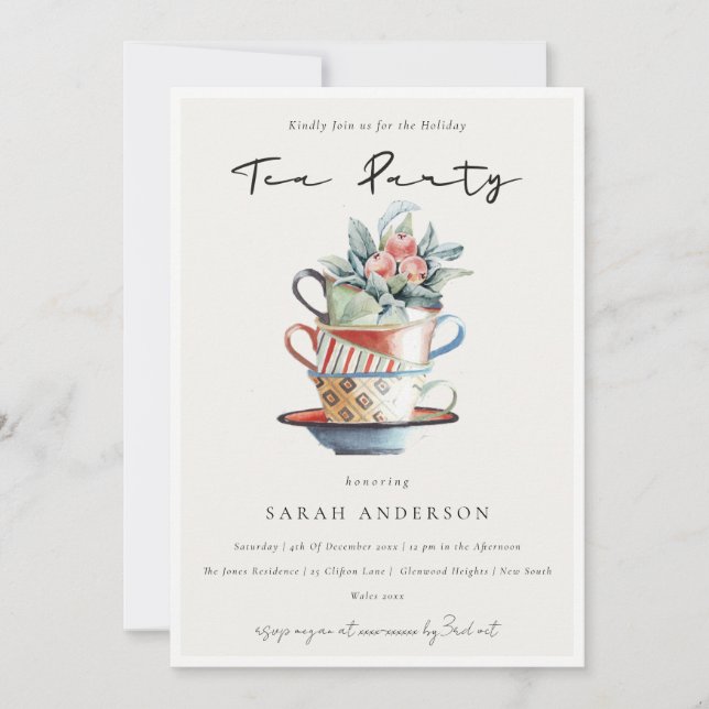 Pastel Stacked Cups Holiday Tea Party Invite (Front)