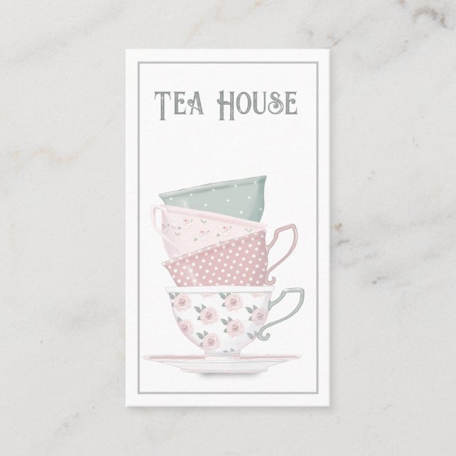 Pastel Stacked Teacups Business Card (Front)