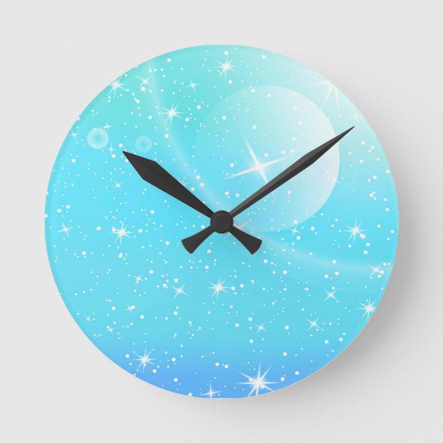 Pastel Starry Sky Blue Gradient Moon Galaxy Design Round Clock (Front)