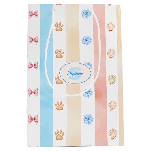 Pastel Stripe - Paw Prints, Blue Flower, Pink Bows Medium Gift Bag (Front)
