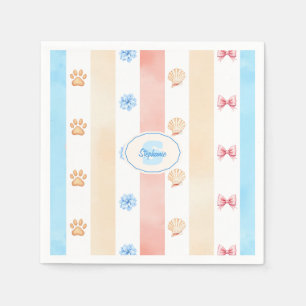 Pastel Stripe - Paw Prints, Blue Flower, Pink Bows Napkin