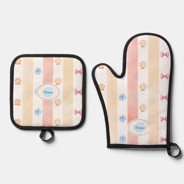 Pastel Stripe - Paw Prints, Blue Flower, Pink Bows Oven Mitt & Pot Holder Set (Front)