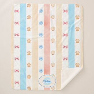 Pastel Stripe - Paw Prints, Blue Flower, Pink Bows Sherpa Blanket
