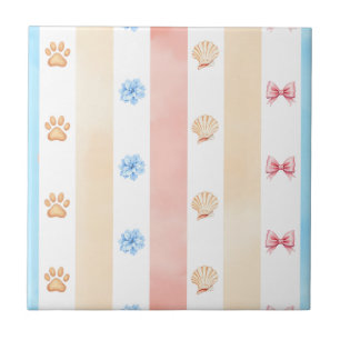 Pastel Stripe - Paw Prints, Blue Flower, Pink Bows Tile