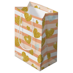 Pastel Striped Hearts with Shimmering Gold Accents Medium Gift Bag