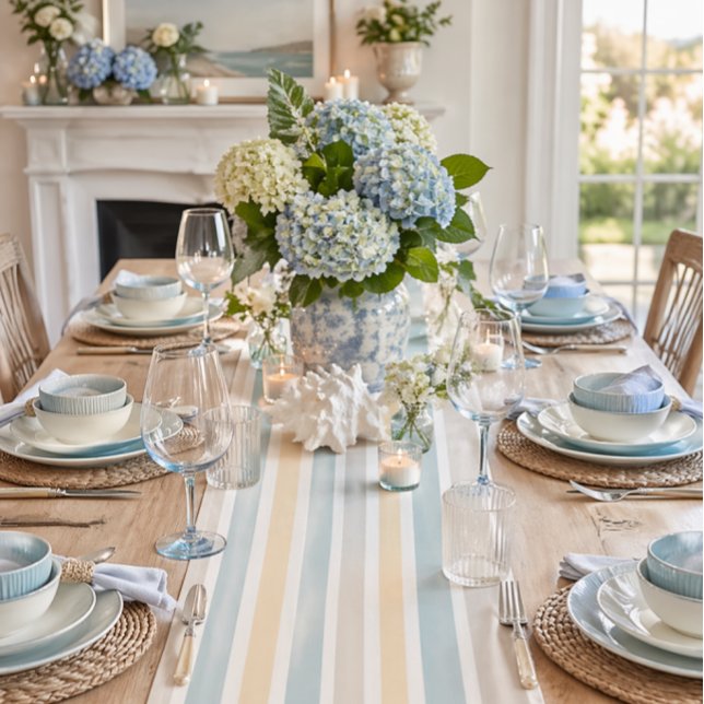 Pastel Striped Pattern Table Runner | Home Decor (Elevate your table with this coastal Hamptons stripe runner—perfect for elegant dinner parties)