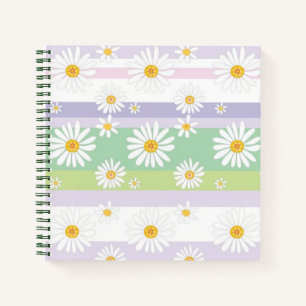 Pastel Striped White Daisy Pattern Cute Notebook