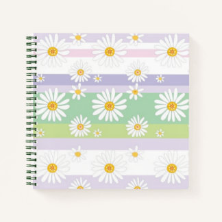 Pastel Striped White Daisy Pattern Cute Notebook