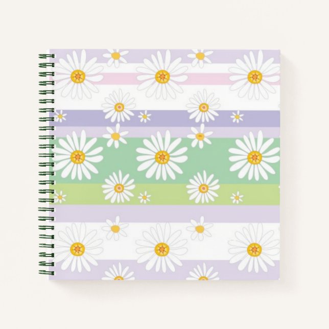 Pastel Striped White Daisy Pattern Cute Notebook (Front)