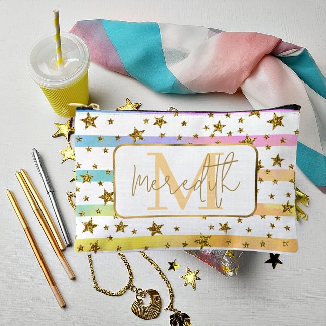 Pastel stripes and gold stars personalised accessory pouch (Creator Uploaded)