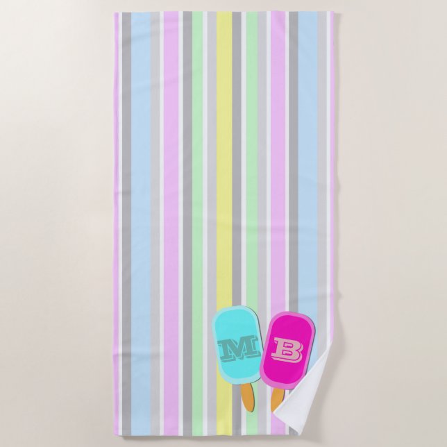 Pastel Stripes and Popsicles Monogram Beach Towel (Front)