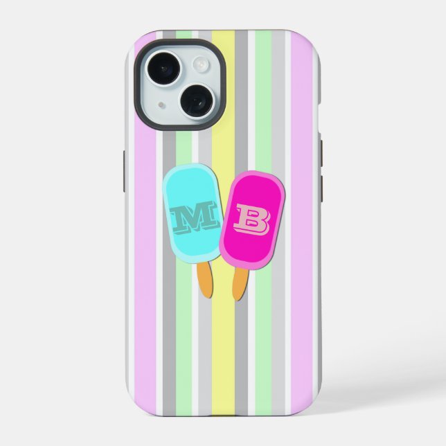 Pastel Stripes and Popsicles Monogram iPhone 15 Case (Back)