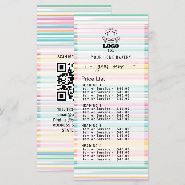 Pastel Stripes Bakery logo Price List Menu (Front/Back)