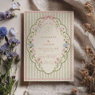 Pastel Stripes Coquette Cottage Garden Wedding Invitation